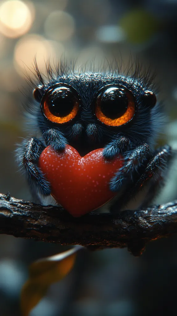 A cute, furry, dark-colored spider with large, expressive eyes sits on a branch.  It gently holds a bright red heart-shaped object, creating a heartwarming and slightly whimsical image. The spider's features are highly stylized, enhancing its endearing quality.  The background is blurred, focusing attention on the charming arachnid and its Valentine's Day-themed offering.