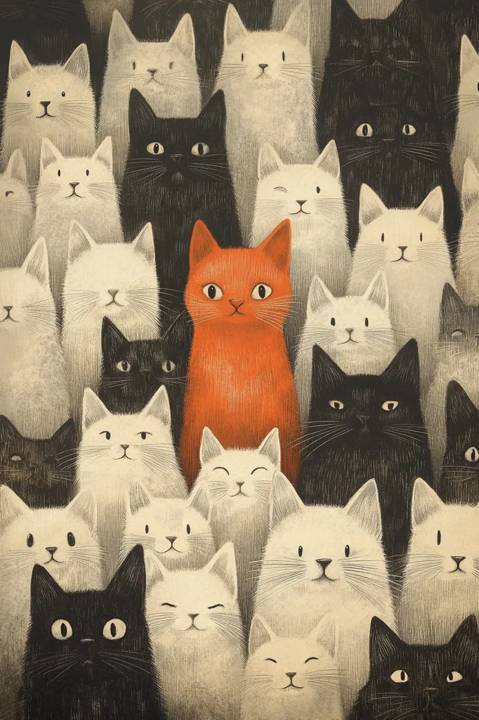 A vibrant orange cat stands out amidst a crowd of black and white felines.  The illustration features numerous cats, their expressions ranging from serene to slightly curious, creating a visually engaging scene. The contrasting color of the central cat emphasizes its uniqueness within the monochrome sea of animals.  The style is reminiscent of vintage illustrations, with a textured, slightly muted color palette.
