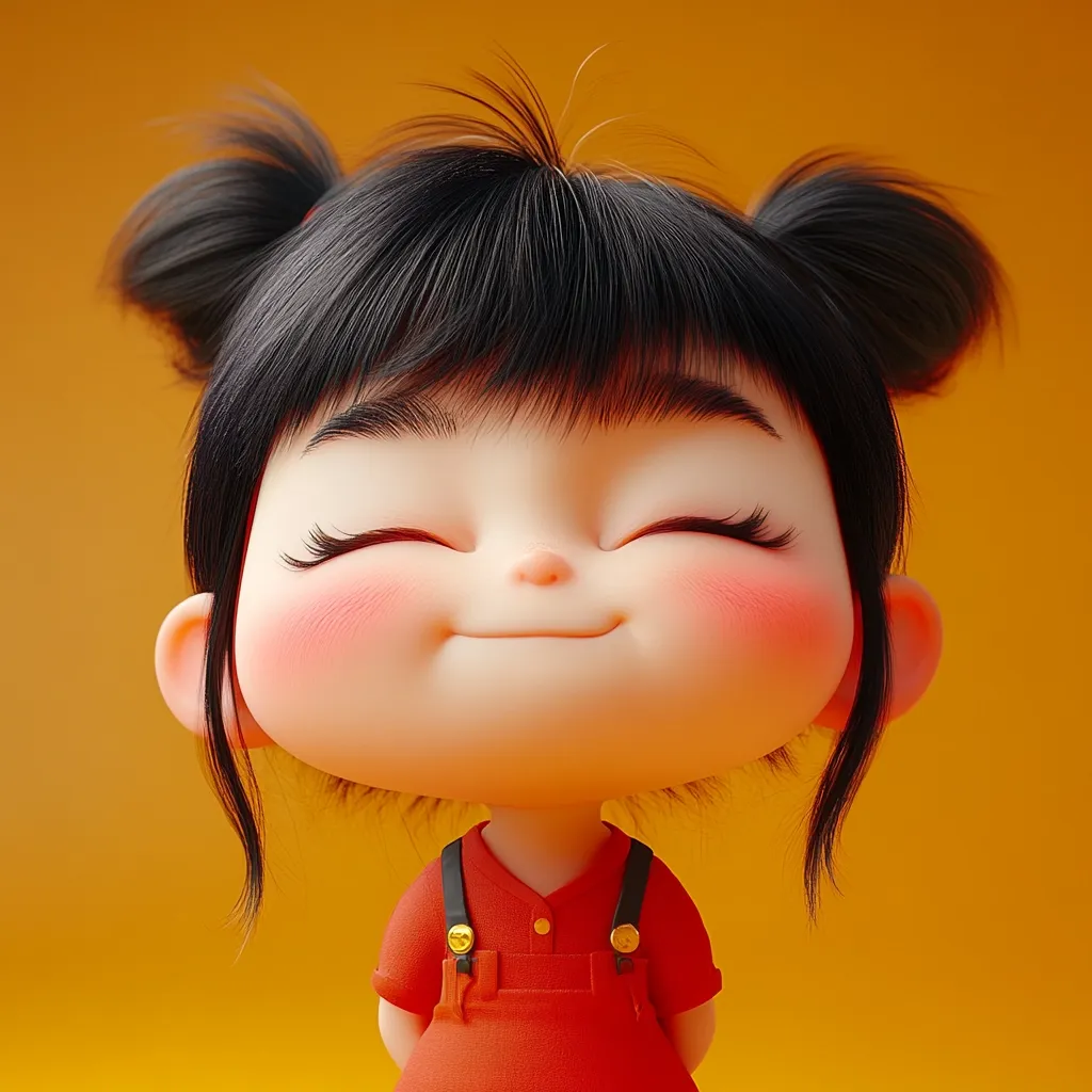 A 3D-rendered image of a cute, smiling girl. She has large eyes, rosy cheeks, and black hair styled in two high pigtails.  Her expression is one of pure joy, her eyes closed in contentment. She's wearing a red overall dress, adding to her adorable appearance. The background is a warm, golden-orange.