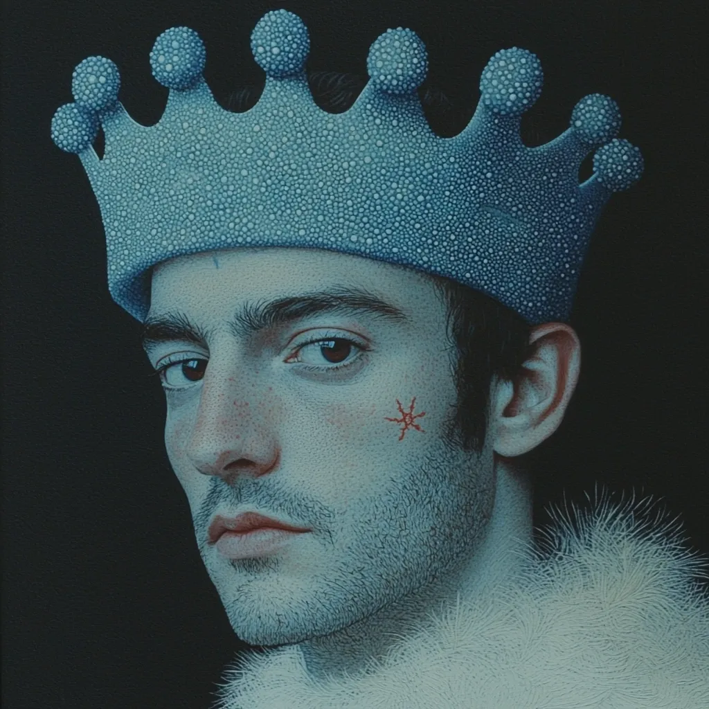 A close-up portrait of a young man wearing a textured, light-blue crown.  His expression is serious, almost melancholic.  He has a small, red star-shaped mark on his cheek. The crown's surface is intricately detailed, and his fur collar adds a regal yet somber touch to the image, painted in a hyperrealistic style.