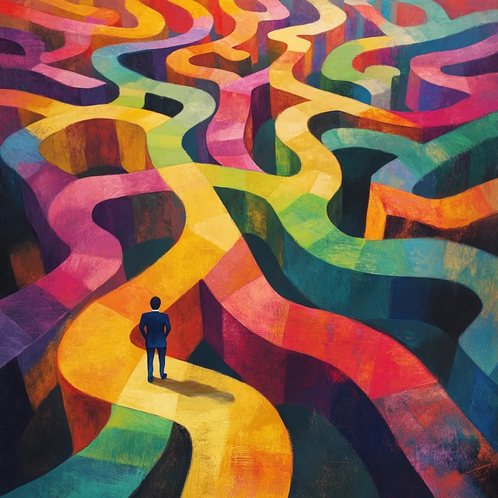 A stylized painting depicts a businessman standing at a crossroads in a vibrant, multicolored labyrinth.  The path ahead is unclear, with numerous twisting, colorful passages offering various options.  The image evokes a sense of decision-making, uncertainty, and the complexities of choosing a direction in life or business. The bold, almost cubist, style emphasizes the abstract nature of the choices.