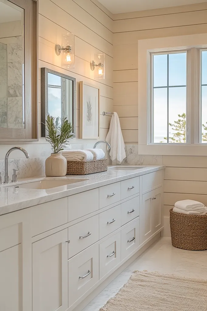 A bright, airy bathroom boasts a long white vanity with numerous drawers, topped with a marble countertop.  Two sinks are fitted with sleek faucets.  Glass wall sconces provide soft lighting.  A window overlooks a tranquil waterscape.  Neutral tones and simple decor create a calming, spa-like atmosphere.  A woven basket holds neatly folded towels, adding a touch of rustic charm.