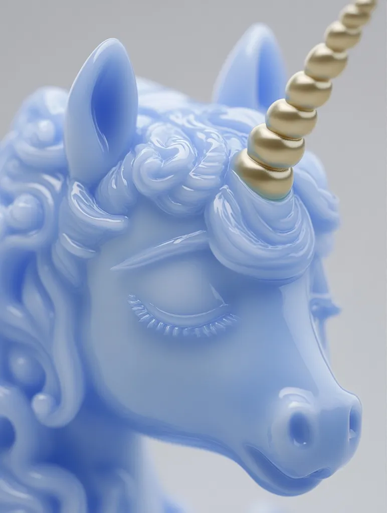 A pale blue unicorn figurine is depicted, its eyes gently closed.  The unicorn's mane and tail are intricately sculpted with flowing curls. Its horn is a unique golden beaded design. The overall aesthetic is smooth, glossy, and serene, suggesting a delicate and whimsical character.  The lighting highlights the smooth surface and subtle details of the figurine.
