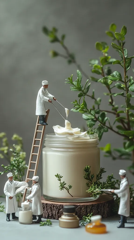 Miniature figures, dressed as scientists, work around a large jar of creamy lotion.  One figure uses a ladder to add the cream, while others appear to monitor the process and handle smaller containers.  The scene is set amongst small green plants, suggesting a natural, handmade cosmetic.  The overall aesthetic is calm and serene, emphasizing the product's natural ingredients.