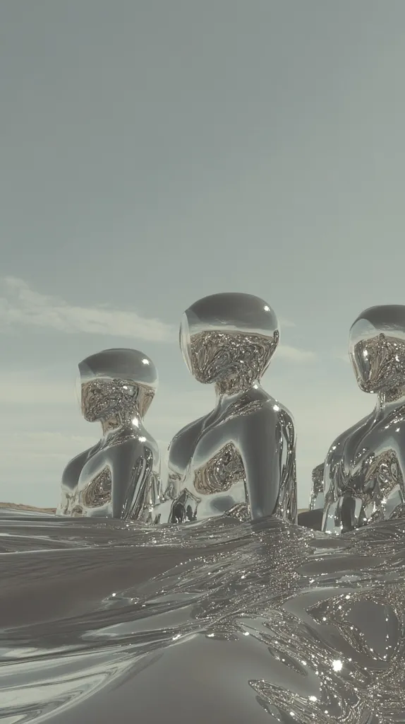 Three chrome humanoid figures, smooth and reflective, emerge from a shimmering, liquid-like surface.  The figures are positioned closely, their heads slightly tilted, gazing towards a pale, cloud-filled sky. The overall aesthetic is minimalist and futuristic, with a monochromatic color palette emphasizing the metallic sheen.  The scene evokes a sense of mystery and otherworldliness.