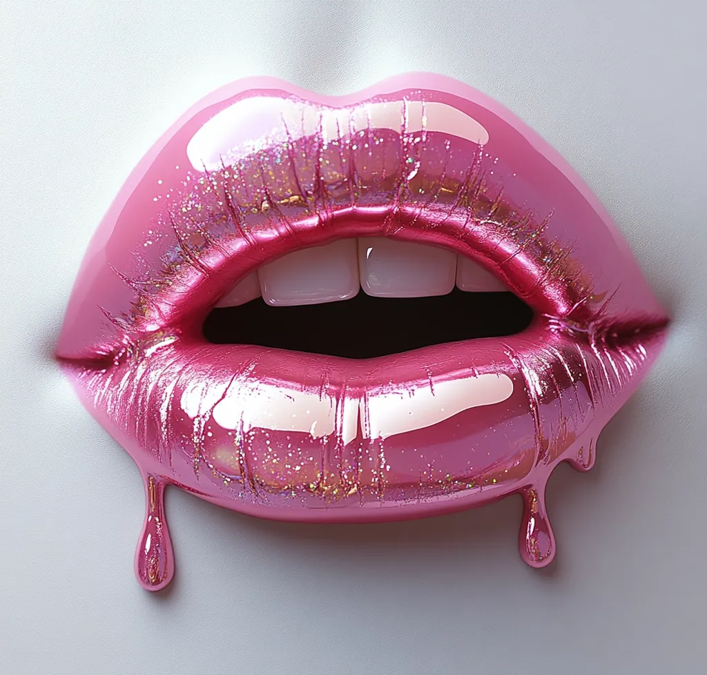 Close-up of a pair of full, luscious lips wearing glossy pink lipstick with iridescent glitter.  The lipstick has a wet, almost dripping look, with several drips running down from the bottom lip. The lips are slightly parted, revealing even, white teeth.  The overall effect is glamorous and highly stylized.
