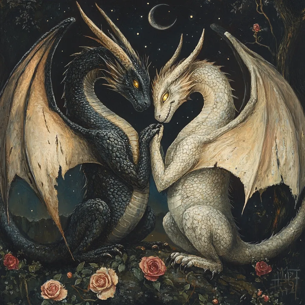 A black and white dragon are depicted in a romantic pose, their forepaws gently touching under a night sky dotted with stars and a crescent moon.  Both dragons have large, elegant wings, and are nestled amongst blooming roses. The dark background contrasts with the dragons' light and dark scales, creating a magical and mystical atmosphere. The painting is detailed and evocative, emphasizing a sense of love and connection.