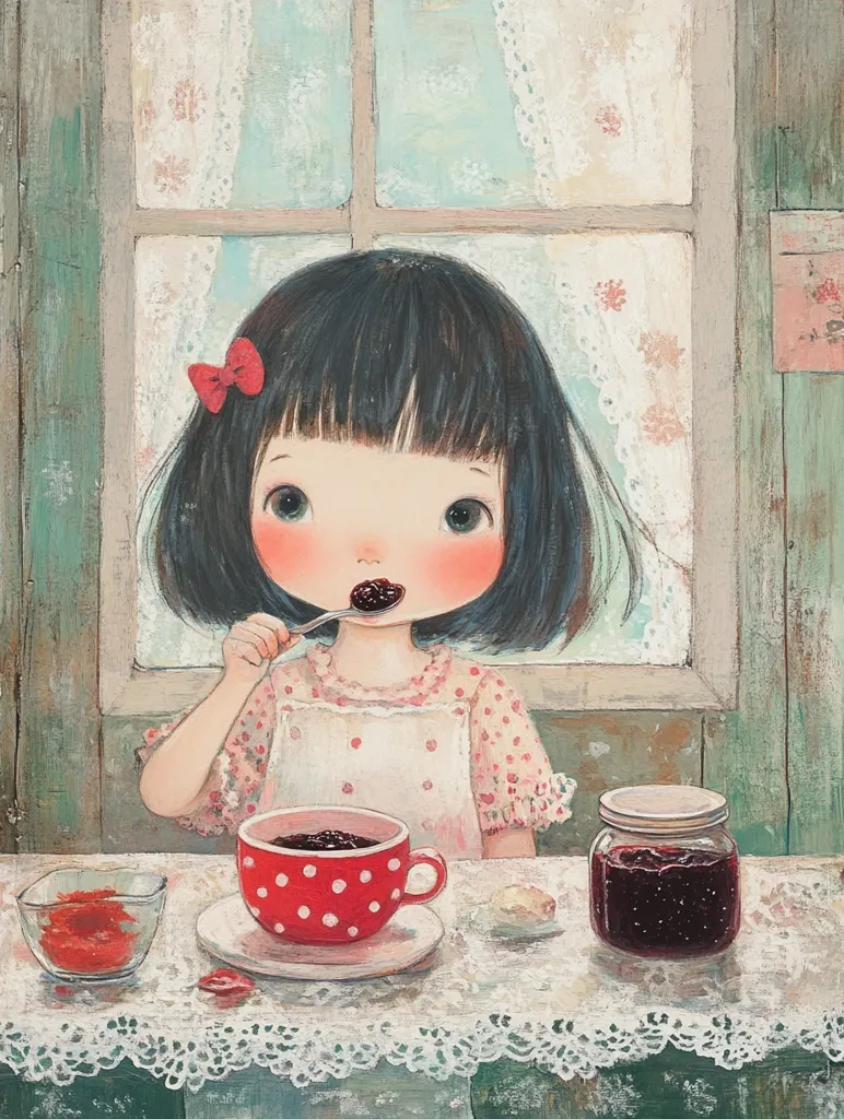 A charming illustration depicts a young girl with dark bobbed hair and a red bow, seated at a table near a window. She's enjoying a spoonful of jam from a red polka-dotted cup, with a jar of jam and a small bowl of preserves nearby. The setting is quaint and cozy, with soft, muted colors and delicate lace detailing. The overall style is reminiscent of children's book illustrations, conveying a sense of sweetness and innocence.