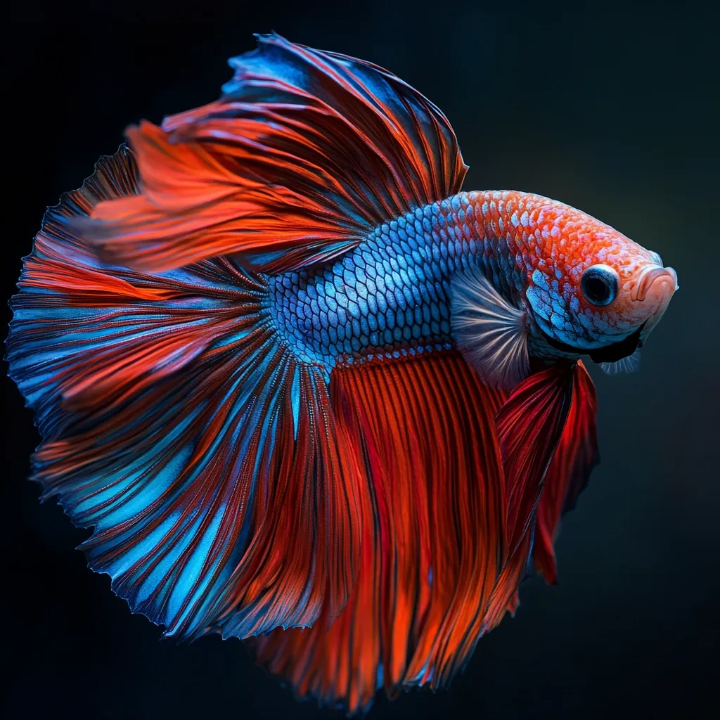 A vibrant betta fish, predominantly red and blue, is showcased against a dark background.  Its expansive, flowing fins are detailed, revealing intricate patterns and textures. The fish's body is a blend of rich red and electric blue scales, creating a striking contrast.  The image highlights the fish's elegance and the beauty of its elaborate fins.