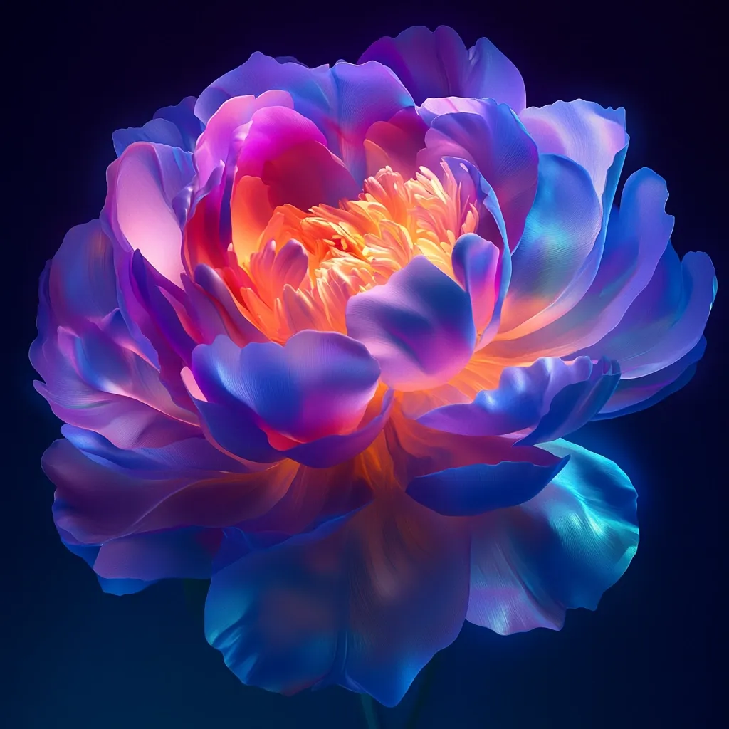 A vibrant close-up reveals a peony in a mesmerizing display of color.  Its petals, a blend of deep blues, purples, and hints of pink, radiate an ethereal glow. The inner petals showcase a warm, golden orange hue, creating a striking contrast.  The image is dramatically lit against a dark background, highlighting the flower's texture and luminescence.