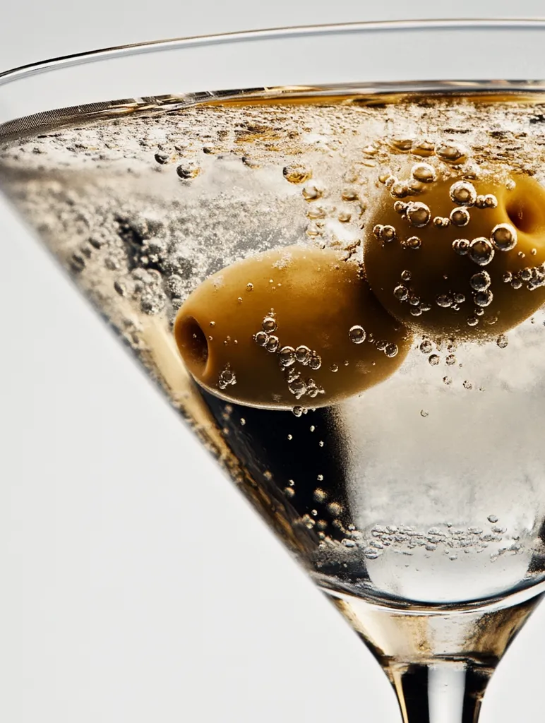 Close-up of a martini glass filled with a bubbly, clear liquid. Two green olives are submerged in the drink, with carbonation visibly rising around them. The lighting highlights the effervescence and the olives' color.  The glass is partially filled, showcasing the elegant shape of the cocktail.