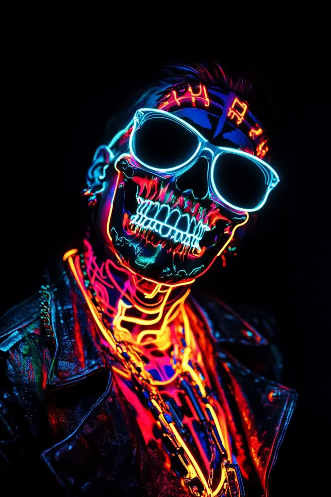 A person in a black leather jacket wears a neon skull mask and sunglasses.  Vibrant neon lights outline the skull, which glows in shades of blue, orange, and red.  The person's body is also adorned with neon patterns, creating a striking, futuristic, and slightly macabre effect against a completely black background. The overall aesthetic is bold and dramatic.