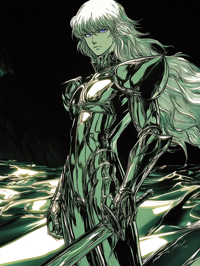 A stylized illustration depicts a slender, androgynous figure clad in gleaming, metallic armor.  Long, flowing silver hair frames a face with striking blue eyes. The character holds a sword, its polished surface mirroring the armor's sheen.  The background is a dark, liquid-like substance, enhancing the metallic and ethereal quality of the image.  The overall aesthetic suggests a fantasy or science fiction setting.