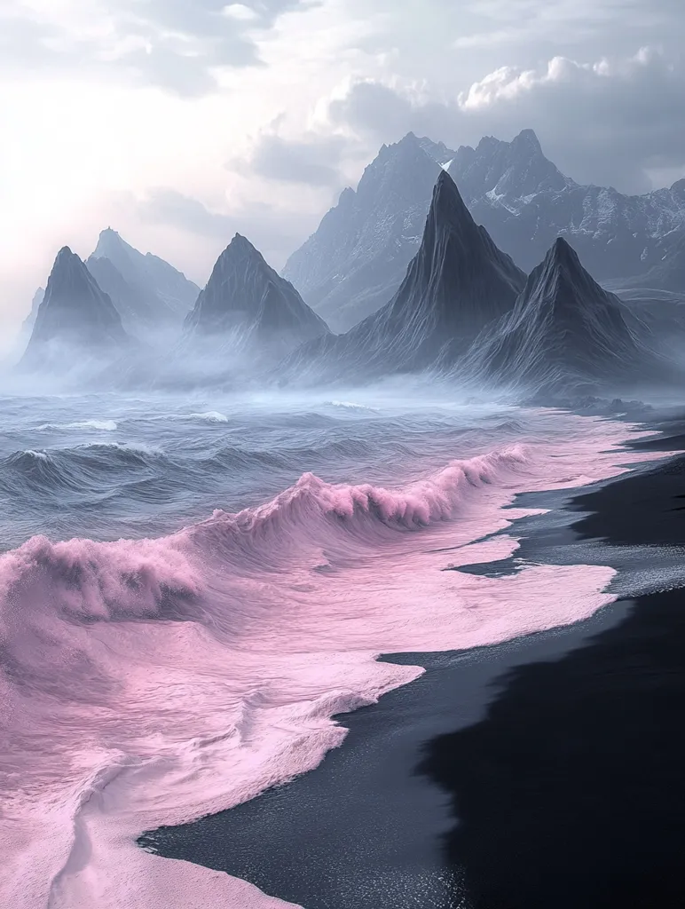 A breathtaking landscape featuring a dramatic coastline.  Pink-hued waves gently crash onto a black sand beach, contrasting beautifully with the imposing, mist-shrouded mountains in the background. The scene is serene yet powerful, a surreal blend of color and texture creating a captivating visual.  The overall mood is one of quiet awe and mystery.