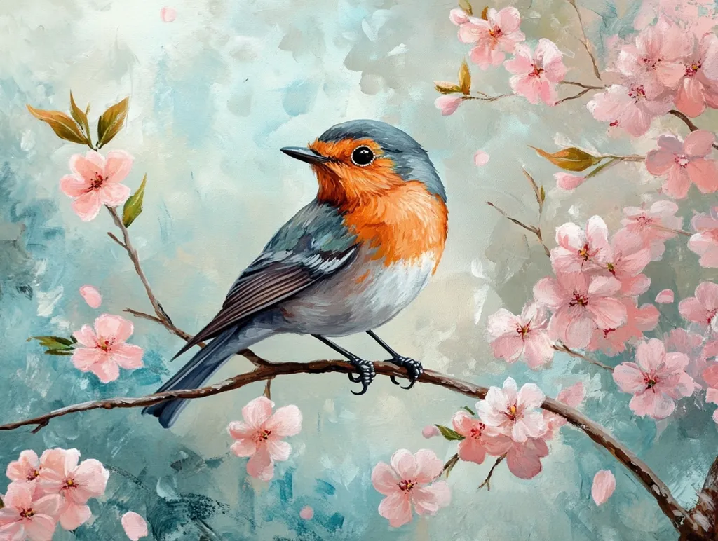 A vibrant painting depicts a robin perched on a blossoming branch.  The bird's plumage is detailed, showcasing its grey-blue back and bright orange breast.  Delicate pink cherry blossoms surround the robin, creating a serene and beautiful springtime scene.  The background is a soft, textured wash of blues and greens, enhancing the overall peaceful atmosphere.
