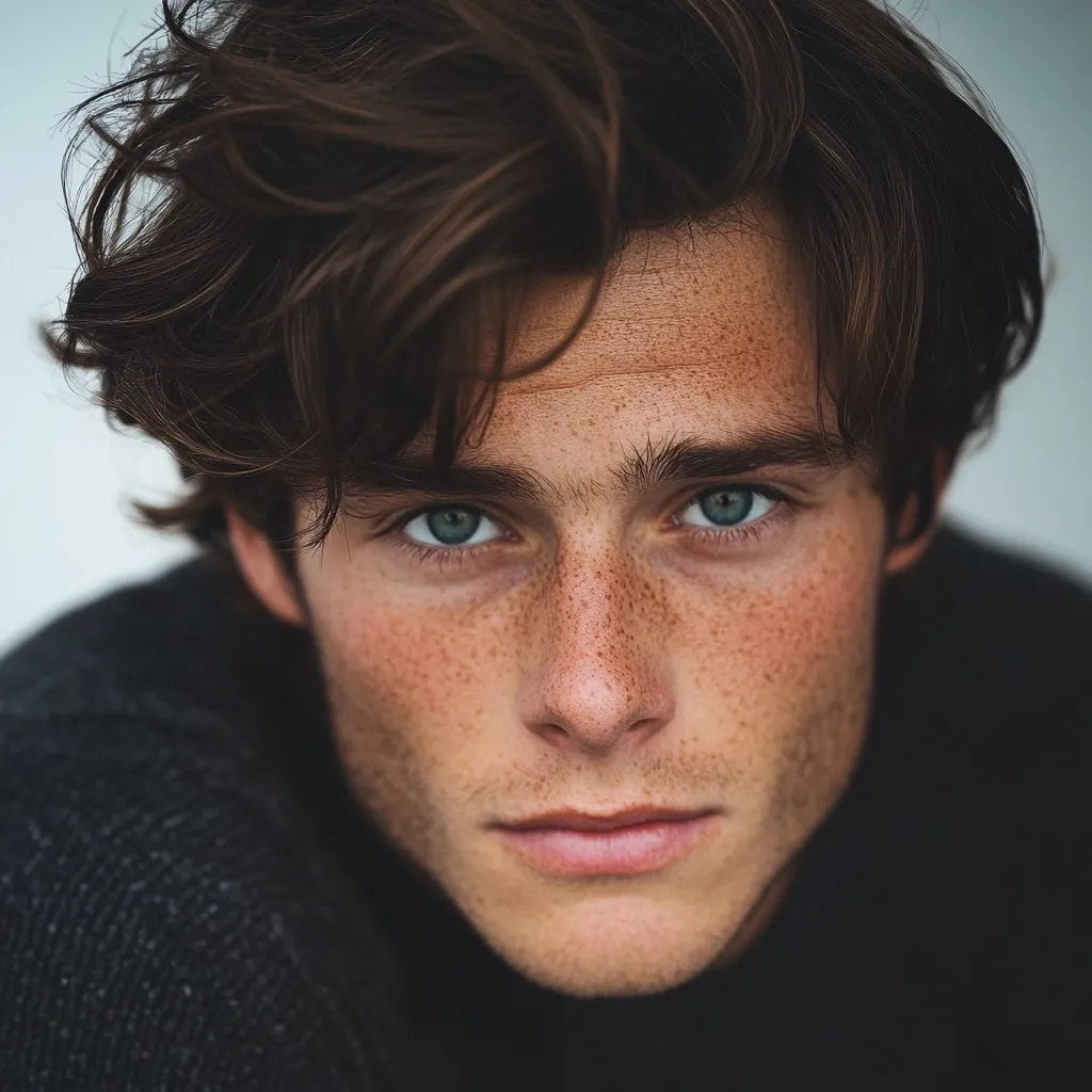 Close-up portrait of a young man with light brown, slightly tousled hair.  He has fair skin generously sprinkled with freckles, and striking light blue eyes.  His expression is serious and intense, gazing directly at the camera. He's wearing a dark-colored sweater. The image is sharply focused on his face, highlighting his features.