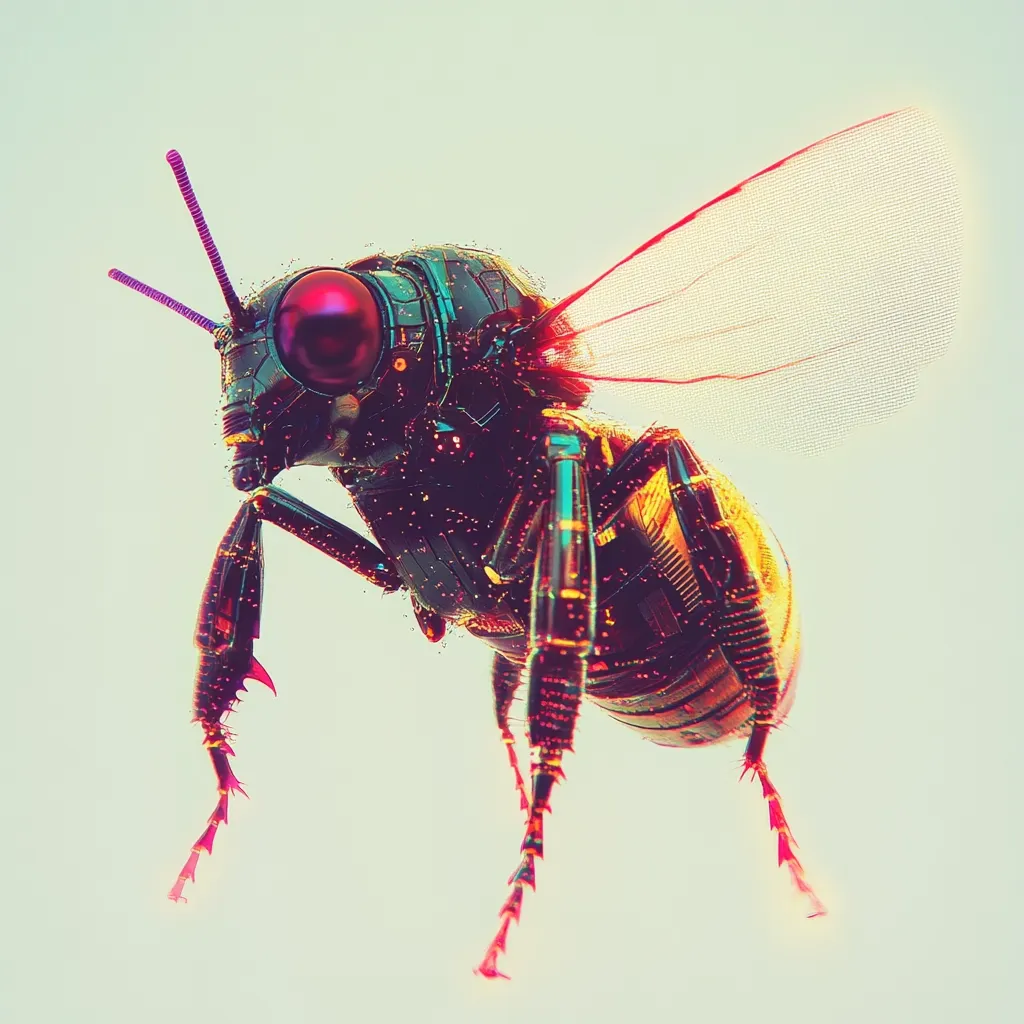 A vibrant, stylized digital rendering of a bee. Its body is composed of intricate, metallic-looking segments in dark hues with accents of turquoise and pink.  The wings are translucent, exhibiting a delicate, almost pixellated texture. The bee's large, ruby-red eye is striking against its dark body.  The overall style suggests a futuristic or biomechanical interpretation of the insect.