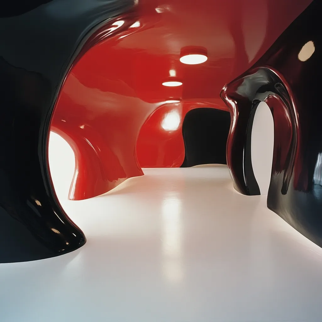 A modern, abstract interior space features flowing, sculpted walls in glossy black and red.  The organic forms create a series of curving alcoves and passageways.  A bright white floor reflects light from recessed ceiling fixtures, highlighting the smooth surfaces of the contrasting colors. The overall effect is one of sleek, dramatic design.