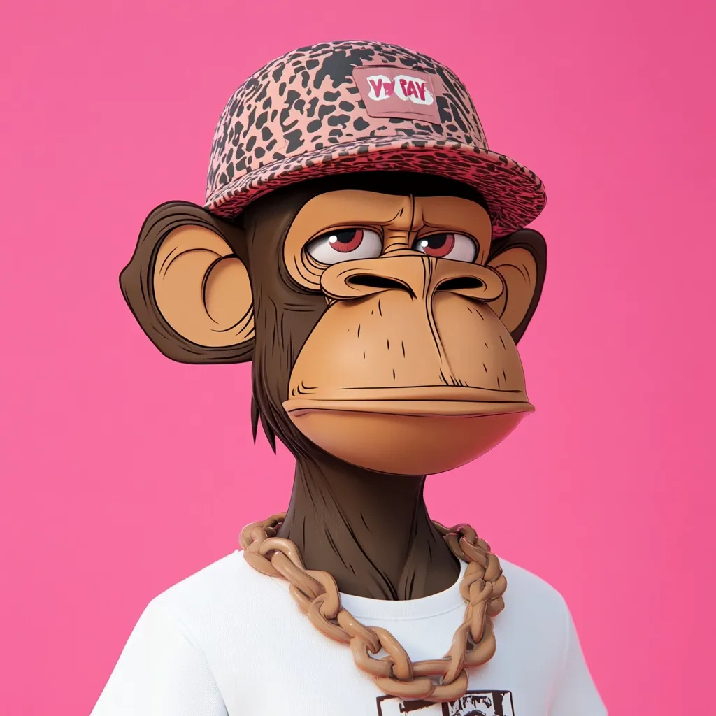 A 3D rendered image of a chimpanzee wearing a leopard-print baseball cap with a "YY PAY" logo, a thick gold chain necklace, and a white t-shirt.  The chimp has a serious expression, its eyes slightly narrowed. The background is a solid, bright pink. The style is reminiscent of hip-hop culture and digital art.