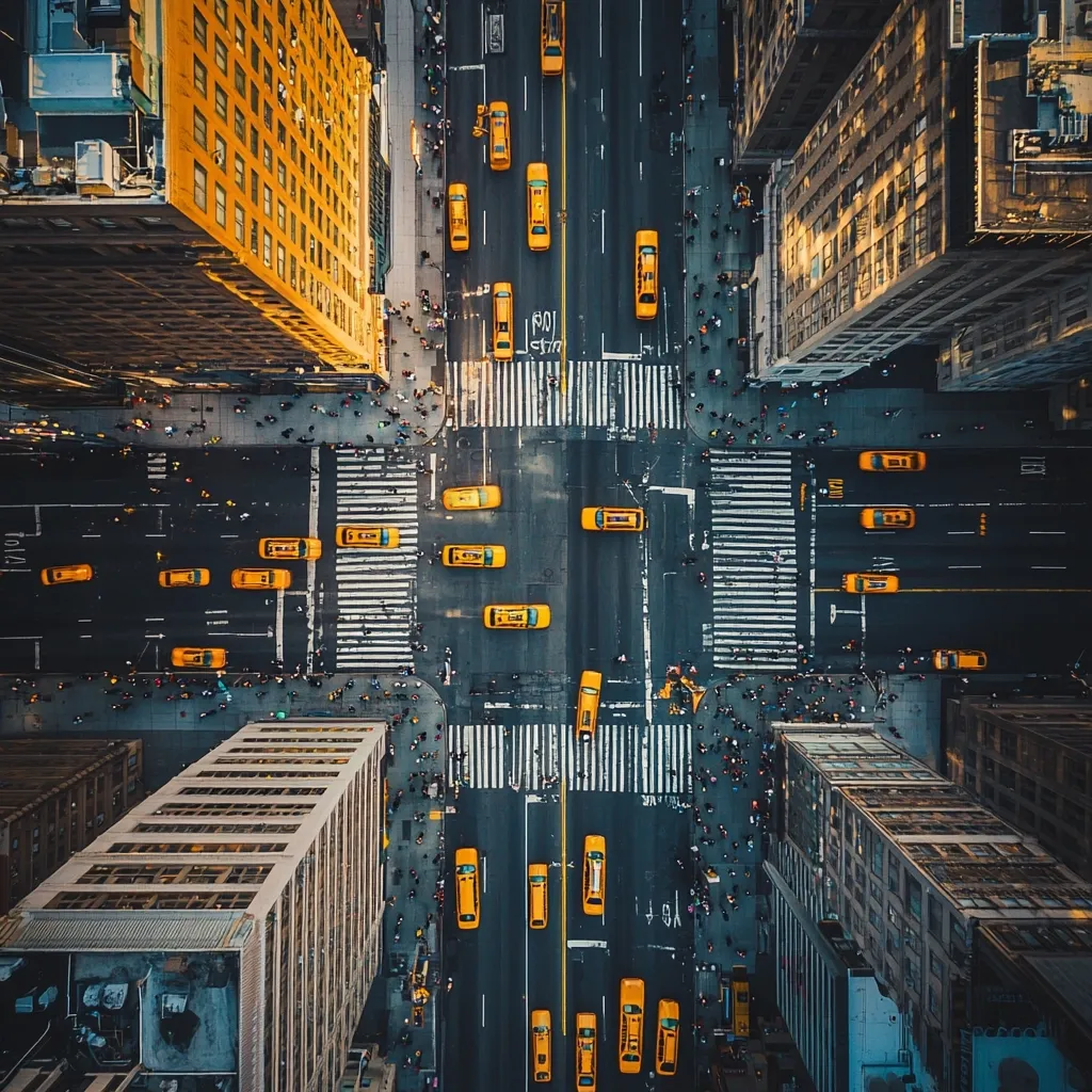 An aerial shot captures a bustling New York City intersection.  Numerous yellow taxis navigate the crossroads, surrounded by towering city buildings.  The image showcases the dense urban landscape and the constant flow of traffic from a bird's-eye perspective.  Pedestrians are visible as small figures amidst the street grid, emphasizing the scale of the city's infrastructure.