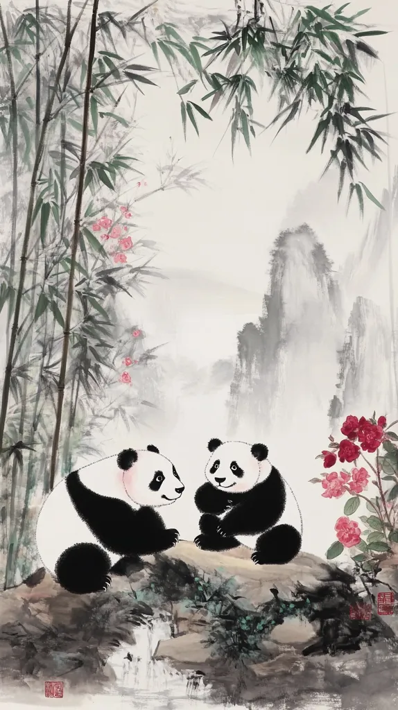 A tranquil East Asian-style painting depicts two pandas seated on a rock, amidst a lush bamboo forest.  Pink blossoms and misty mountains form a serene backdrop. The painting is rendered in soft washes of ink and color, conveying a sense of calm and harmony with nature. The pandas appear peaceful and content, adding to the overall tranquil mood.