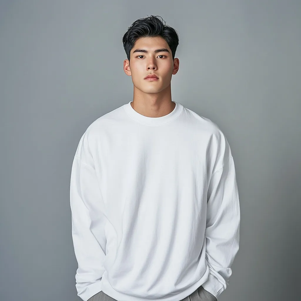 A young man with short, dark hair stands against a gray background. He's wearing a simple, oversized white long-sleeved crewneck shirt and his hands are in his pockets. His expression is serious and neutral, his gaze directed straight ahead. The overall image is clean and minimalist.