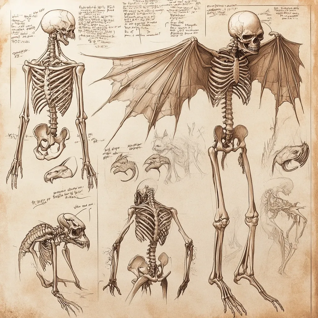 A sepia-toned anatomical sketch depicts various skeletal structures, including a winged creature's full skeleton, viewed from the front and back, and additional skeletal drawings of a head, smaller quadruped, and additional creatures.  The style resembles a vintage scientific illustration or bestiary, complete with handwritten notes and sketches in the background.  The detailed bone structures suggest a fantastical or mythical creature.