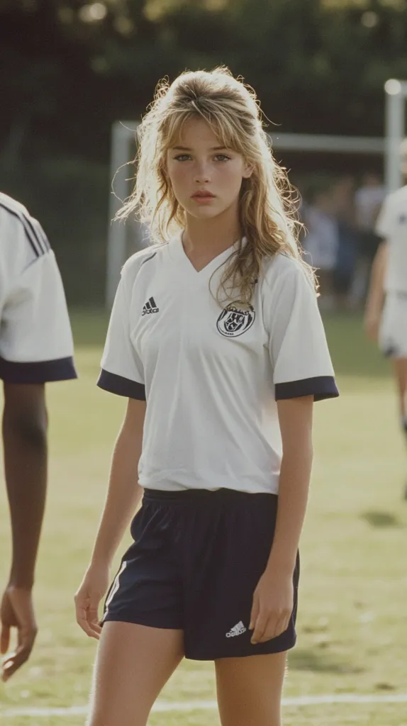 A young woman with blonde hair styled in a 60s-inspired bouffant stands on a soccer field. She wears a white Adidas soccer jersey with a team logo and dark athletic shorts.  Her expression is serious and direct, gazing at the camera.  The background is softly blurred, showing other players and a soccer goal.  The overall tone is nostalgic and evocative of a period piece.