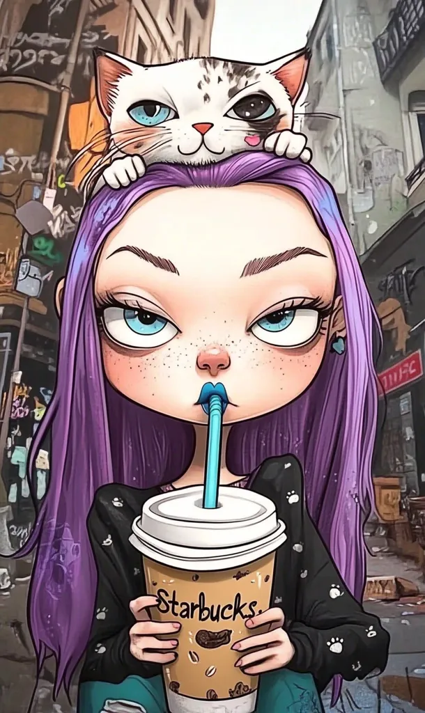 A stylized illustration depicts a girl with vibrant purple hair and a cat perched atop her head.  The girl, with large expressive eyes and freckles, holds a Starbucks coffee cup with a blue straw. The setting appears to be a city street, with graffiti and buildings visible in the background, creating a vibrant and whimsical scene. The art style is cartoonish and bold, emphasizing expressive features and color.