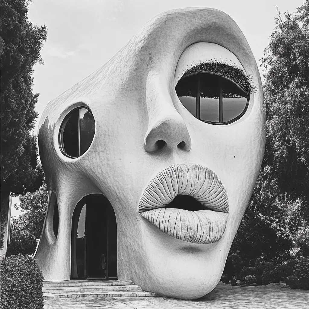 A striking black and white photograph showcases a unique building sculpted in the form of a giant, stylized female face.  The structure features large, expressive eyes that are actually windows, a prominent nose, and full lips forming an open mouth, all carved with remarkable detail.  The building sits amidst lush greenery, creating a striking contrast between the organic surroundings and the architectural sculpture.  The overall effect is surreal and captivating.