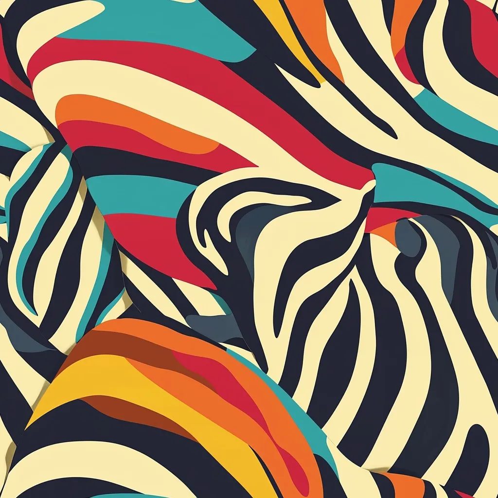 An abstract image features a vibrant blend of bold colors and organic shapes.  Swirling patterns reminiscent of zebra stripes intertwine with broad strokes of red, orange, yellow, and teal.  The design creates a dynamic, almost textile-like effect, with layers of color overlapping and creating depth.  The overall mood is energetic and playful.