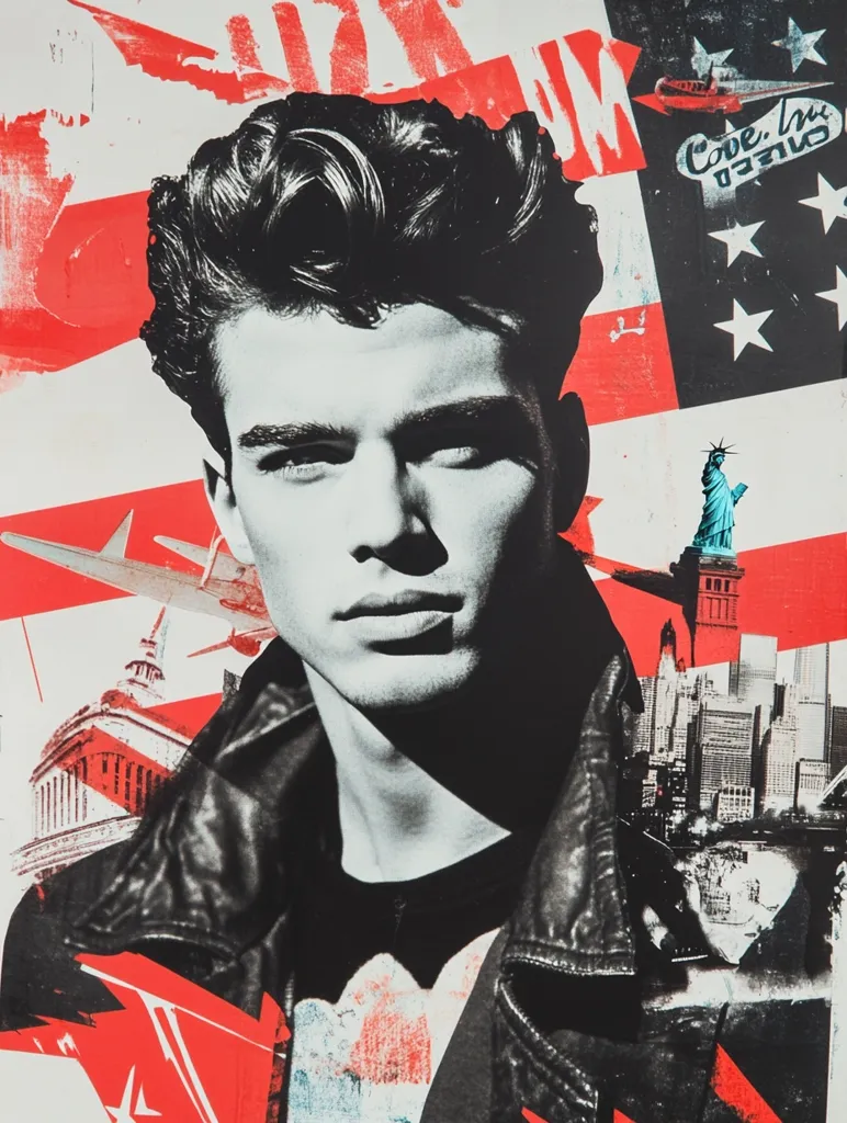 A stylized collage features a young man with a 1950s-style pompadour haircut, wearing a black leather jacket.  The background is a vibrant mix of red, white, and black, incorporating elements of an American flag, airplanes, the Statue of Liberty, and a cityscape, creating a bold and energetic aesthetic. The overall style is reminiscent of pop art.