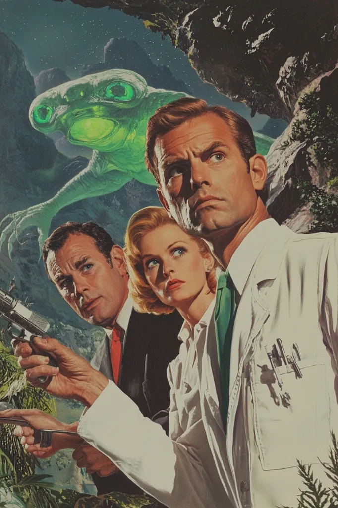 A retro-style illustration depicts three scientists, two men and a woman, encountering a glowing, amphibian-like alien creature in a mysterious landscape.  The scientists, dressed in lab coats, appear alert and possibly apprehensive. One scientist holds a pistol, suggesting a tense situation. The artwork evokes a classic science fiction thriller aesthetic.