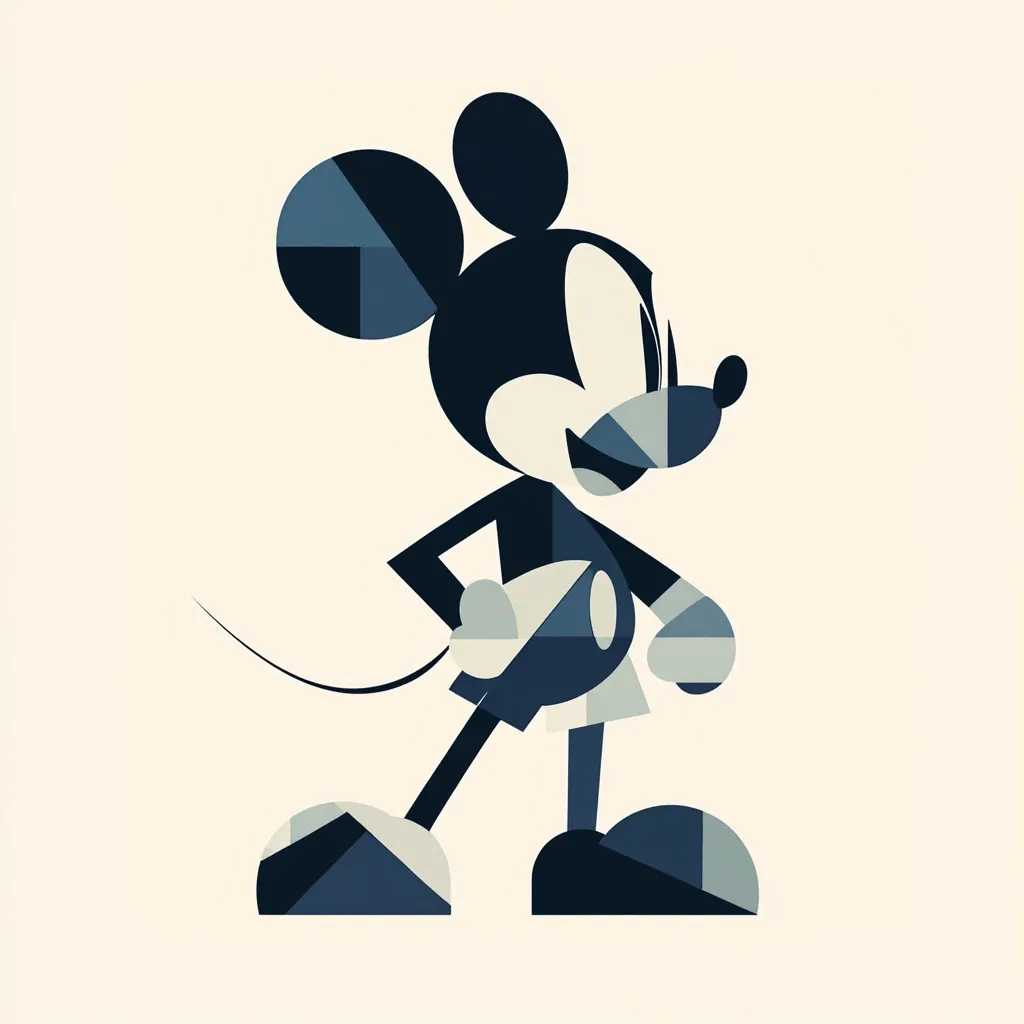 A stylized depiction of Mickey Mouse in a monochromatic blue and beige color palette.  His form is composed of geometric shapes, creating a cubist effect.  Mickey stands with a confident pose, his iconic features simplified yet recognizable. The image evokes a vintage, art deco feel.
