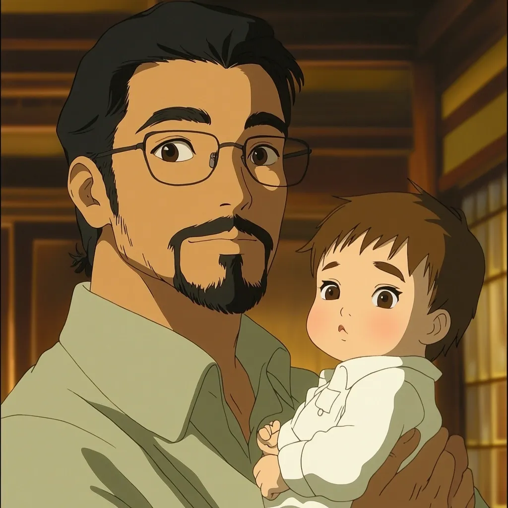 A close-up illustration depicts a man with dark hair, glasses, and a goatee gently holding a toddler. The man wears a light green collared shirt. The toddler, with rosy cheeks and dark hair, is dressed in a white outfit.  The warm lighting and soft features suggest a tender, loving moment between father and child. The background hints at a warm, indoor setting.