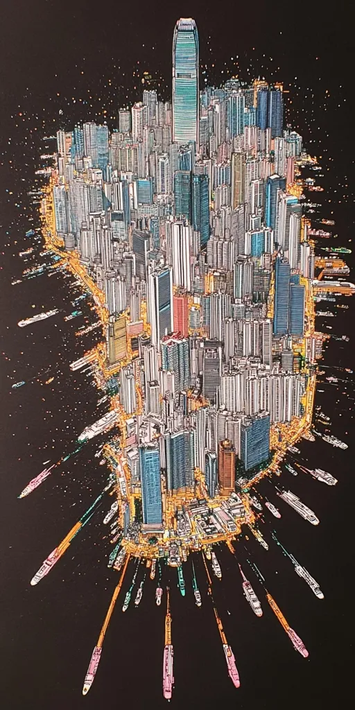 A stylized bird's-eye view of Hong Kong Island at night.  Thousands of buildings are densely packed, illuminated with warm lights against a dark background, creating a vibrant cityscape.  Numerous ships and boats radiate outwards from the island's shore, adding to the dynamic composition. The image has a detailed, almost hand-drawn quality, emphasizing the city's verticality and energy.