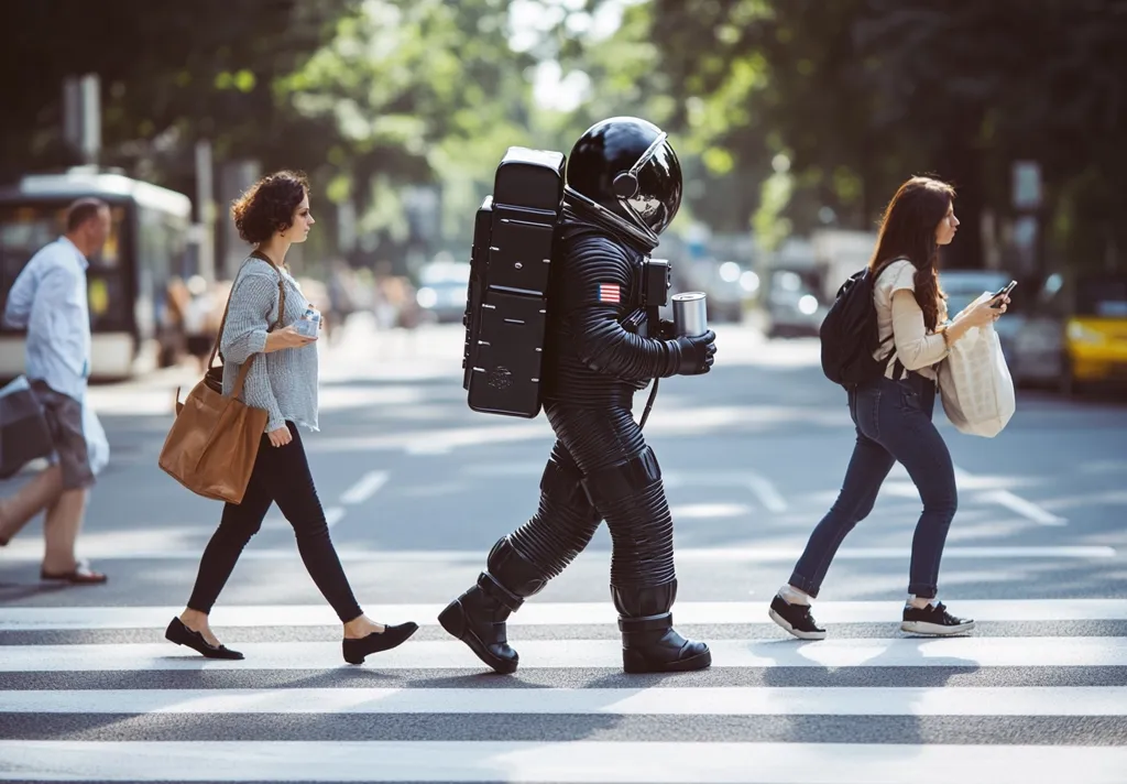 A person in a full astronaut suit walks across a pedestrian crossing, carrying a backpack and a drink. Two women, one with a brown handbag and another with a white tote bag, also cross the street. The scene is set on a city street with blurred background of buildings and traffic. The astronaut stands out in sharp contrast to the everyday urban setting.