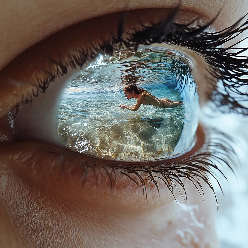 A close-up image of an eye, reflecting a woman submerged in shallow, clear ocean water.  The woman is lying partially underwater, her body visible through the crystalline water. The eye's lashes and skin are highly detailed, creating a striking contrast with the vibrant underwater scene. The effect suggests a dreamlike, surreal vision of summer and escape.