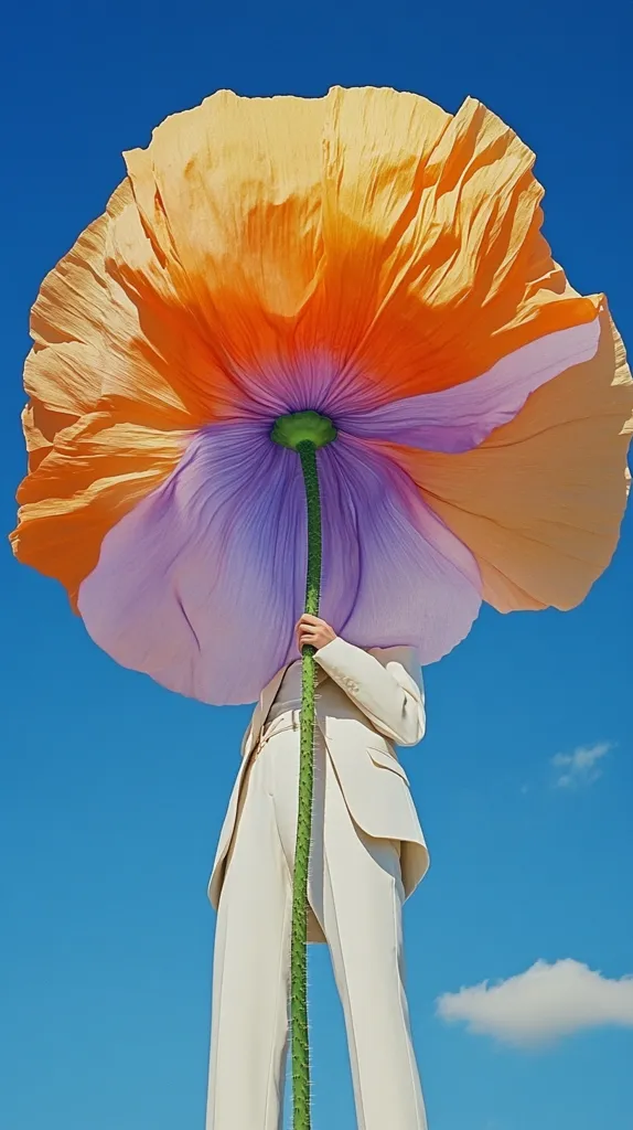 A person in a white suit stands beneath a giant, surrealistically large poppy. The flower's petals are a gradient of orange and purple, creating a striking contrast against the clear blue sky.  The person holds the thick stem of the oversized bloom, their figure dwarfed by its immense size.  The overall image is a striking juxtaposition of nature and fashion.