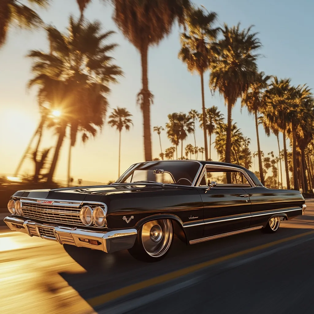 A sleek, black 1964 Chevrolet Impala cruises down a palm tree-lined road at sunset.  The classic car's polished exterior gleams in the golden light, creating a nostalgic and idyllic scene.  The motion blur suggests speed and freedom, evoking a sense of effortless cool and California dreaming. The image is a digital rendering, sharply focused on the car against a softly blurred background.