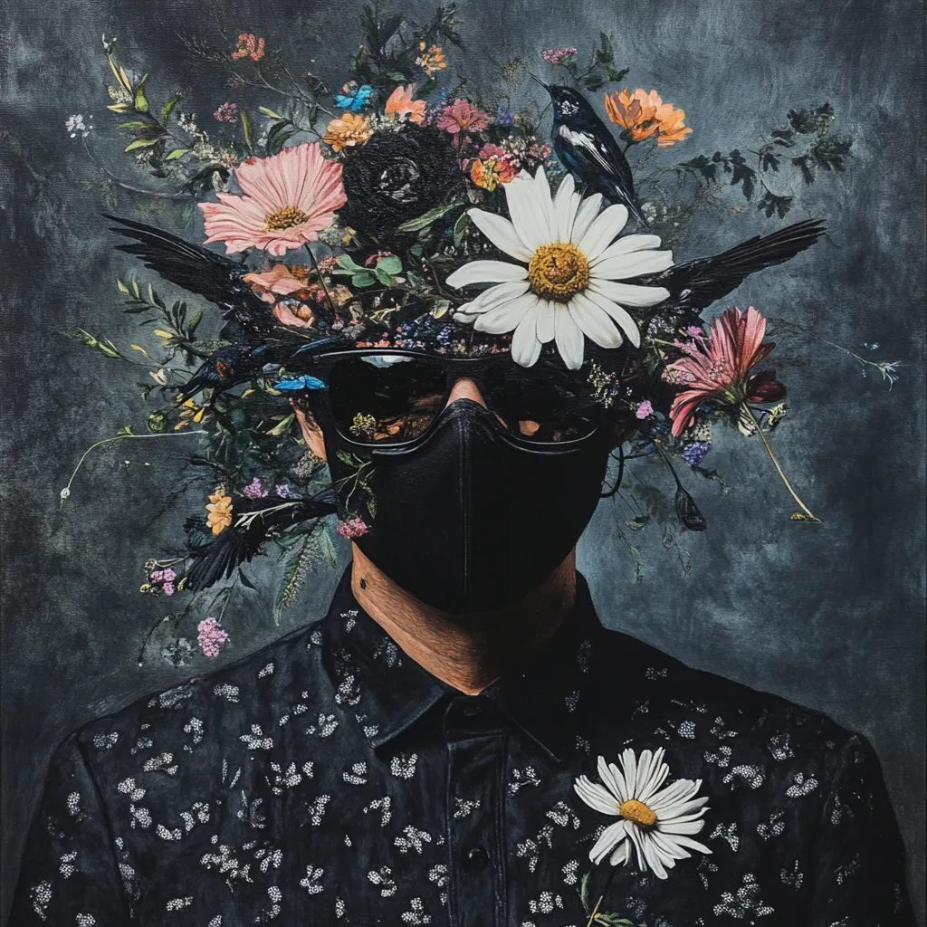 A surreal portrait depicts a person wearing sunglasses and a black face mask, their head adorned with a vibrant crown of flowers, birds, and nests.  The dark background contrasts sharply with the bright blooms. The style is a blend of realism and fantasy, creating a striking and mysterious image. The person's dark patterned shirt adds to the overall moody atmosphere.