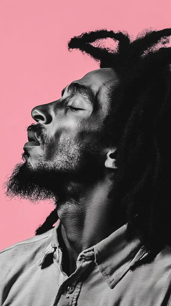 A black and white close-up portrait of a man with dreadlocks, his eyes closed, head tilted back against a vibrant pink background.  He has a full beard and goatee. He is wearing a light gray collared shirt. The image has a strong contrast and artistic feel, focusing on the texture of his hair and skin.