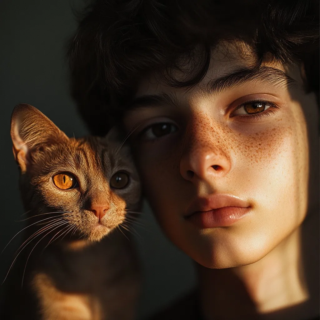 Close-up portrait of a freckled young man with dark curly hair, his face partially illuminated by sunlight.  A ginger cat with striking orange eyes rests against his shoulder.  The warm light creates a dramatic contrast against the dark background, emphasizing the textures of both the boy's skin and the cat's fur.  The image evokes a sense of intimacy and companionship.
