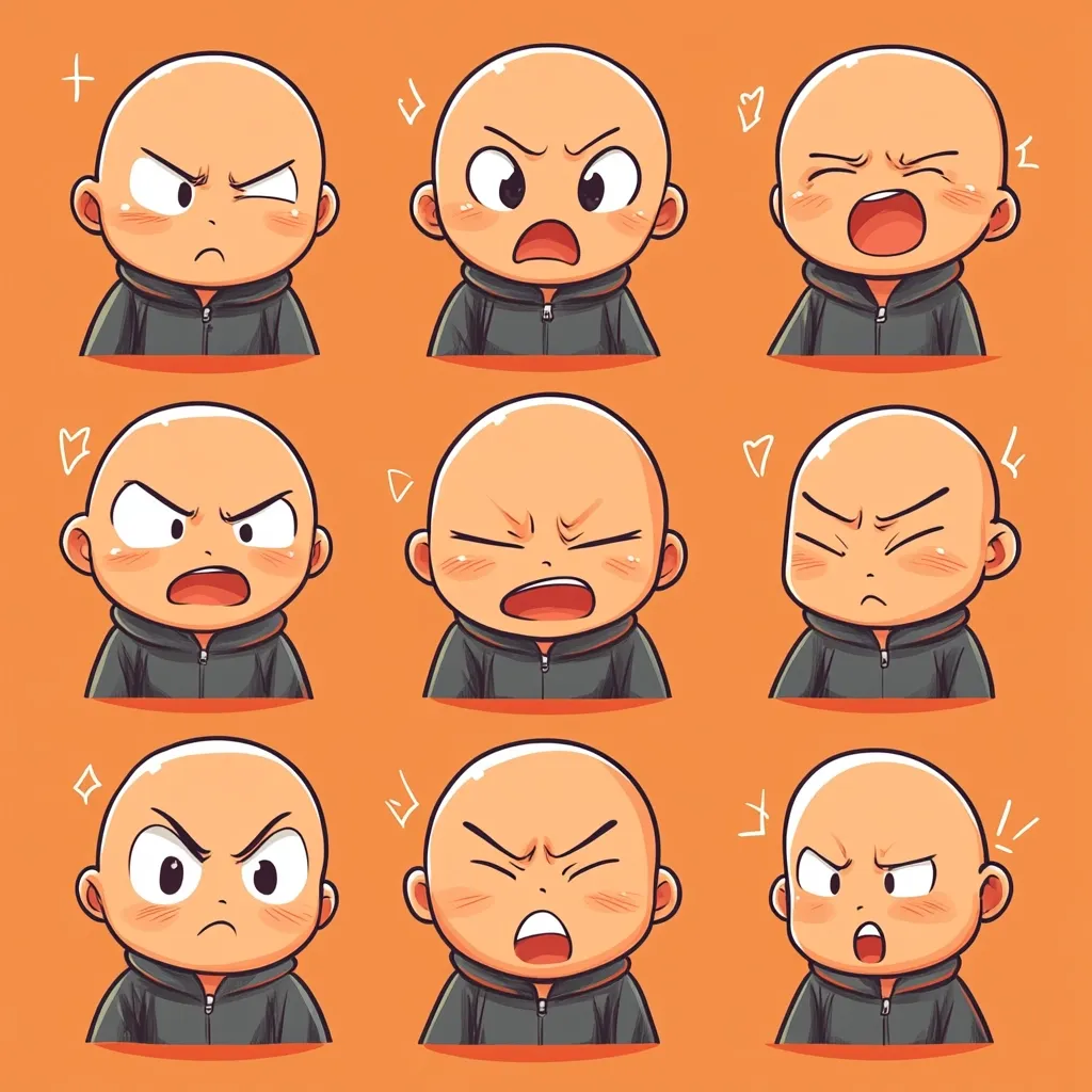 Nine cartoon illustrations depict a bald baby in a gray zip-up hoodie displaying various angry expressions.  The expressions range from scowling and frowning to open-mouthed yelling and frustrated grimaces. Each illustration is set against a muted orange background with small emotive symbols surrounding the baby.  The style is cute and slightly exaggerated.