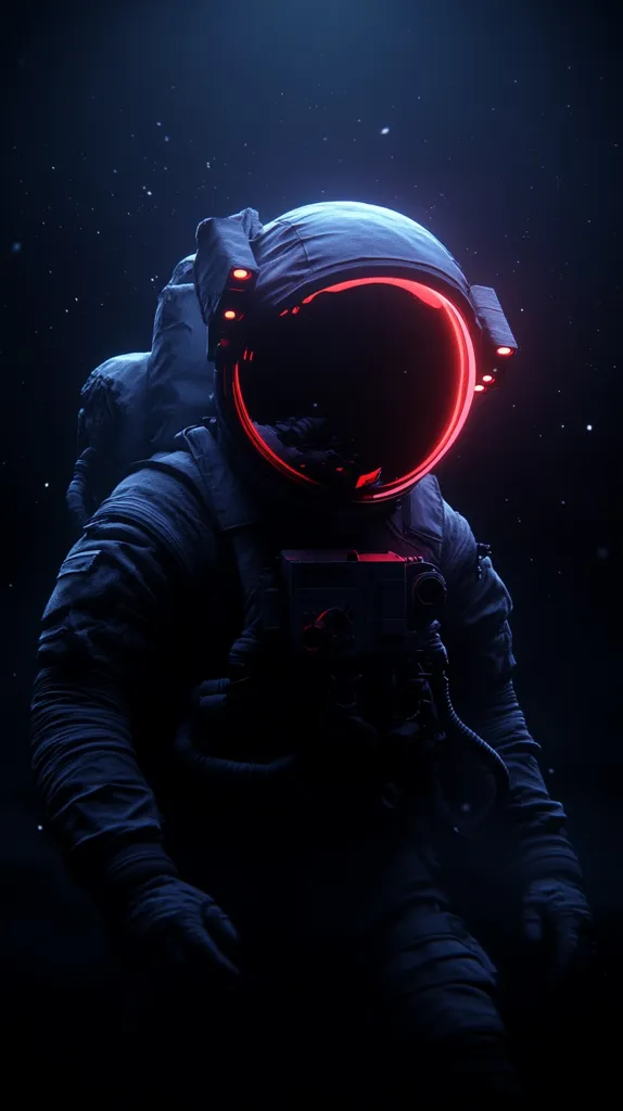 A lone astronaut floats in the inky blackness of space, their suit illuminated by a vibrant red glow emanating from within the helmet.  The dark, almost shadowy figure is silhouetted against a backdrop of distant stars and nebulae, creating a dramatic and mysterious scene.  The astronaut's equipment is subtly detailed, hinting at advanced technology. The overall mood is one of isolation and awe-inspiring wonder.