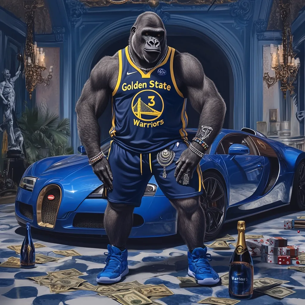 A powerful gorilla, adorned in a Golden State Warriors jersey and numerous gold chains and bracelets, stands confidently before a sleek blue Bugatti sports car.  Surrounding him is a lavish display of scattered dollar bills, champagne bottles, and dice, highlighting a scene of opulent wealth and success within a luxurious interior.  The gorilla's attire and surroundings project an image of extreme richness and status.