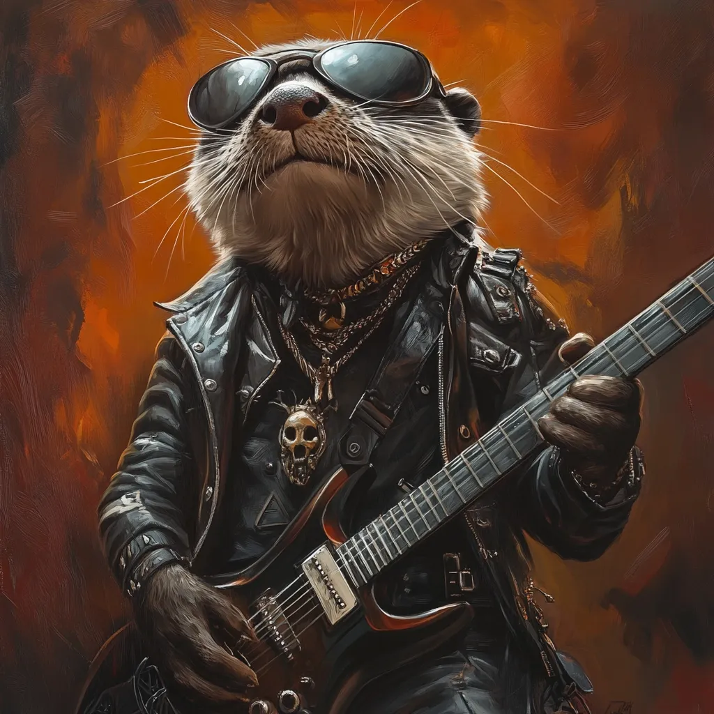 A cool otter, sporting aviator sunglasses and a black leather jacket adorned with chains and a skull pendant, shreds an electric guitar.  The painting is rendered in a dramatic style, with a fiery orange background enhancing the rocker aesthetic. The otter's expression is one of intense focus and musical passion.