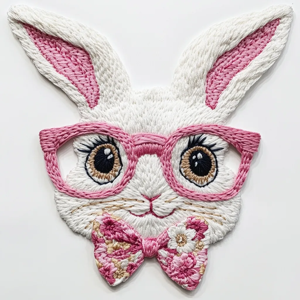 This charming embroidered patch depicts a whimsical bunny.  The bunny is white with pink ears, wears pink glasses, and a pink floral bow tie.  Detailed embroidery creates expressive eyes and a sweet face. The overall style is cute and sophisticated, perfect for adding a touch of handmade charm to clothing or crafts.