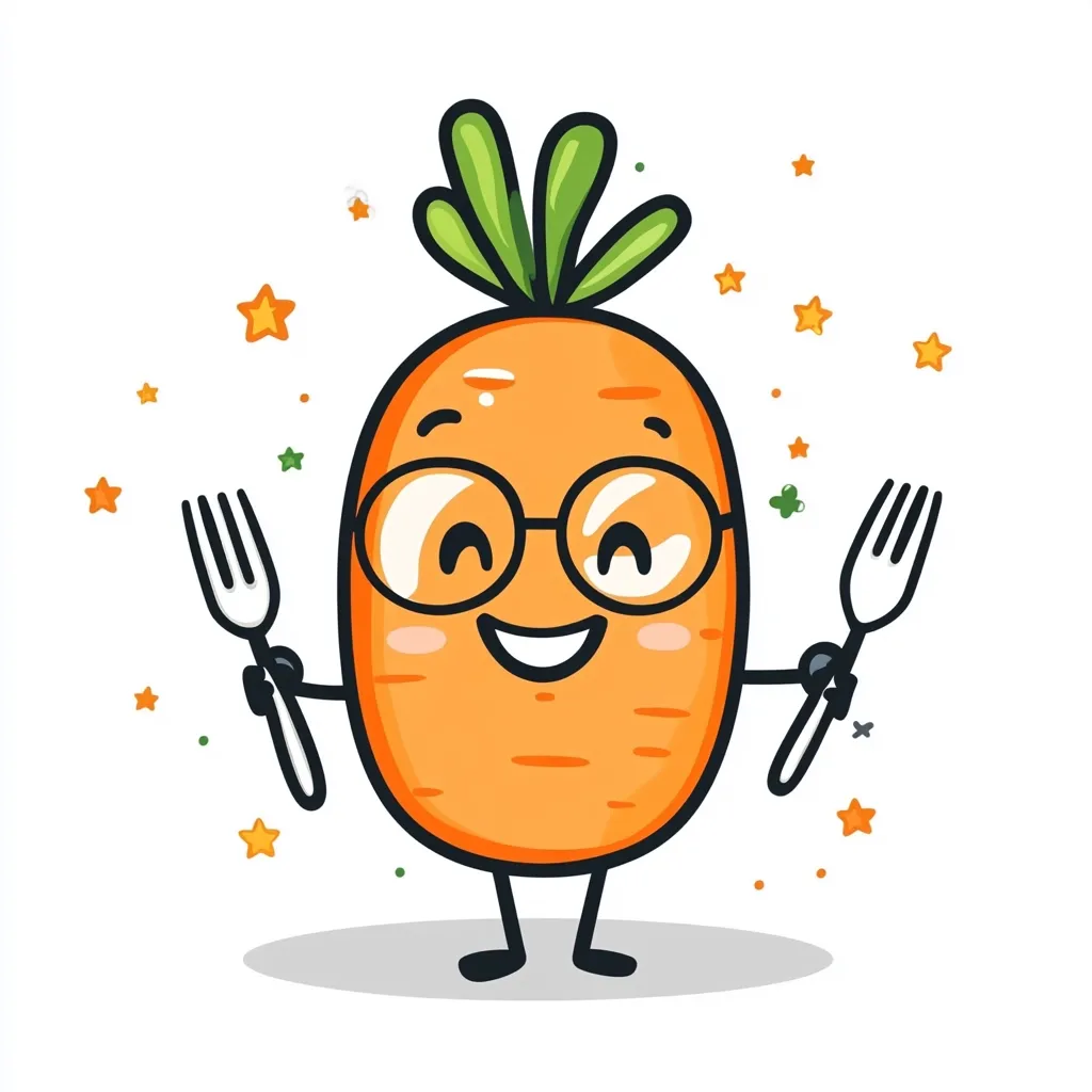 A cheerful cartoon carrot, wearing glasses, holds a fork in each hand.  It has a wide smile and rosy cheeks.  Small stars and confetti surround the happy carrot against a white background.  The overall style is cute and playful, suggesting a healthy eating theme.
