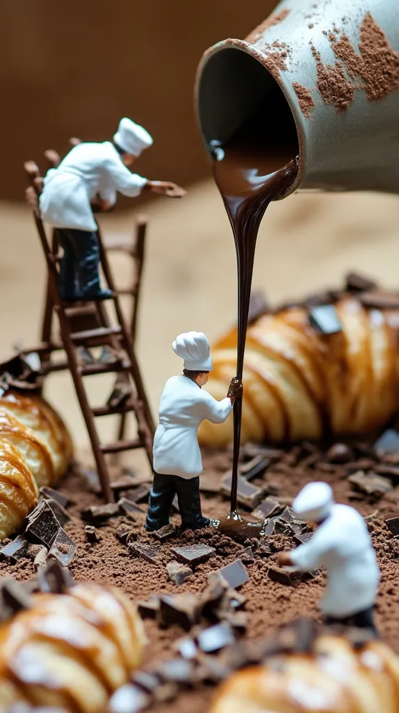 Miniature chefs work amidst a landscape of chocolate.  Melted chocolate pours from a pitcher onto a cocoa-dusted surface scattered with broken chocolate pieces and croissants. One chef climbs a ladder, another pours chocolate, and a third works nearby.  The scene is a whimsical depiction of chocolate making.